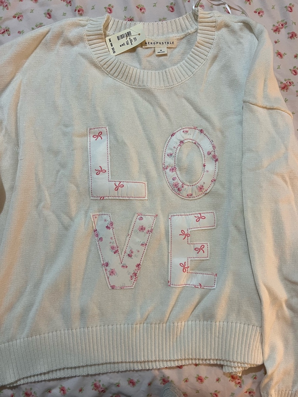 Aeropostale Cream Crewneck Sweater with Pink Floral 'LOVE' Appliqué